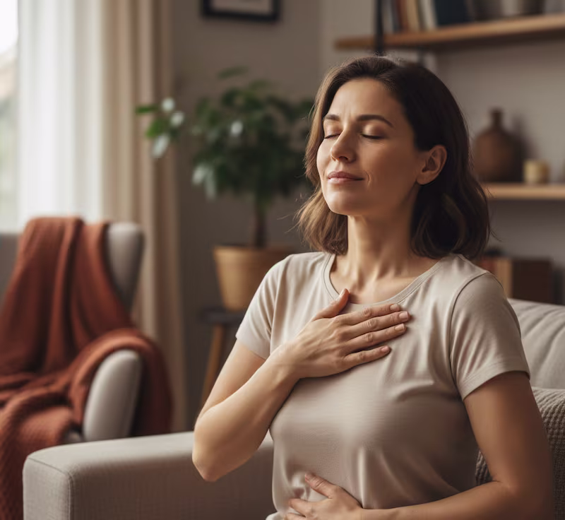 Mujer sentada en un sofá, con los ojos cerrados y una mano en el pecho, practicando respiración consciente para calmar la ansiedad.