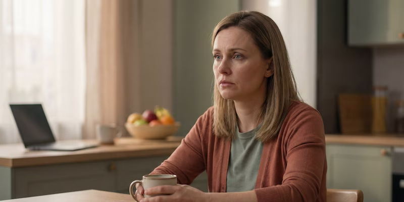 Mujer con mirada cansada representando agotamiento emocional.