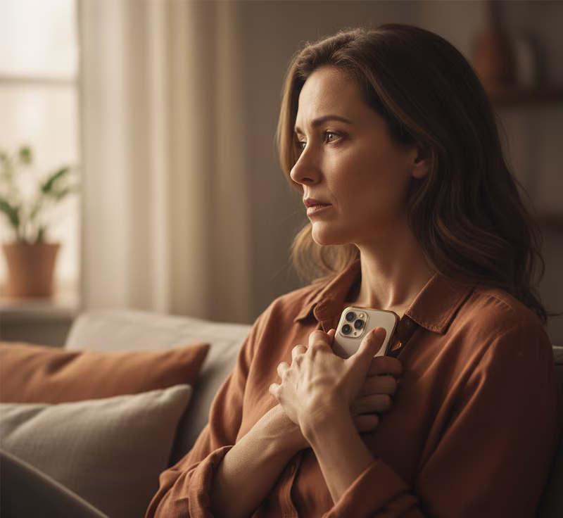 Mujer adulta mirando por la ventana con expresión de angustia, sintiendo ansiedad por separación.