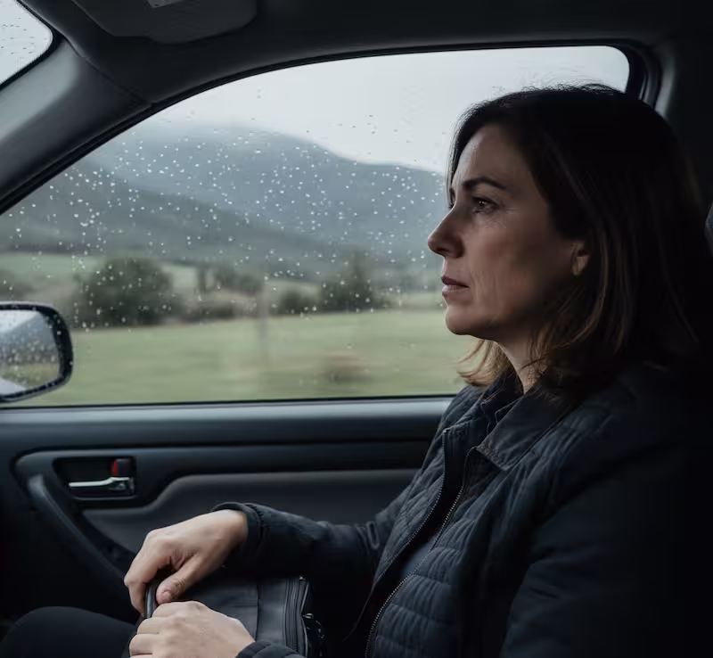 Mujer mirando por la ventana de un coche con expresión de preocupación, reflejando la ansiedad del desplazamiento médico.
