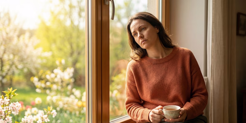 Mujer con expresión de cansancio mirando por la ventana en un día soleado de primavera, reflejando el contraste entre el clima y la astenia primaveral.