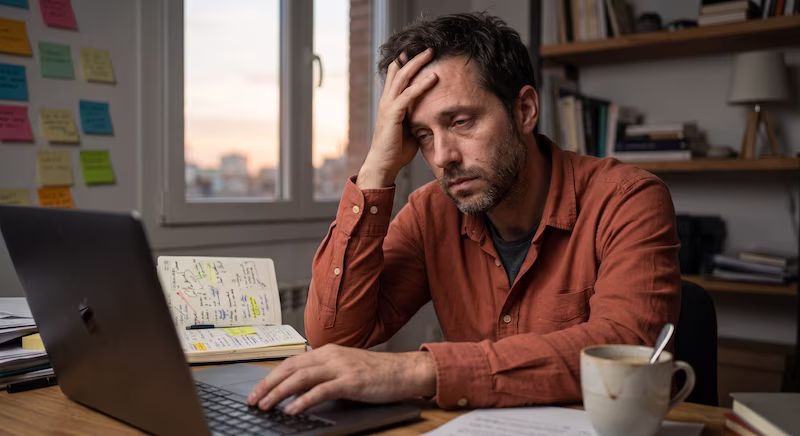 Persona con fatiga mental frente al ordenador, simbolizando el burnout y la ansiedad laboral.
