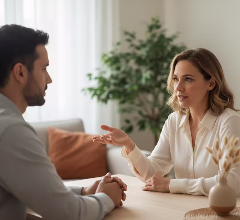Dos personas manteniendo una conversación tranquila.