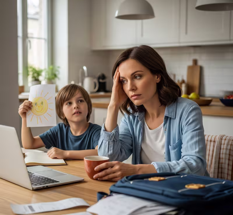Madre estresada teletrabajando con su hijo.