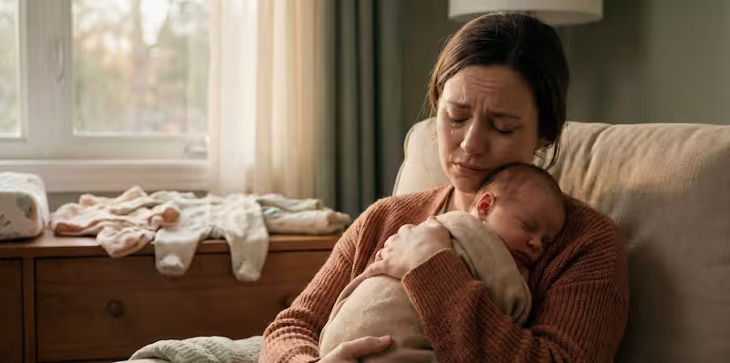 Madre con su bebé sintiendo culpa y tristeza.