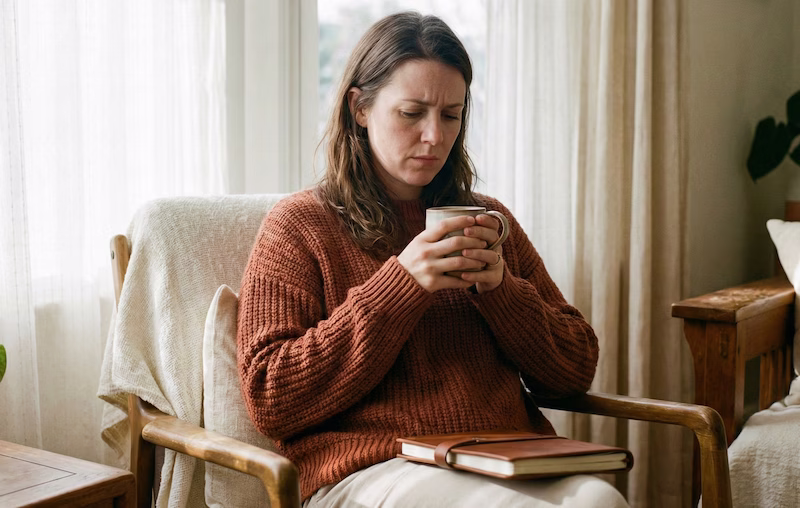 Mujer reflexiva sintiendo culpa por su tristeza.