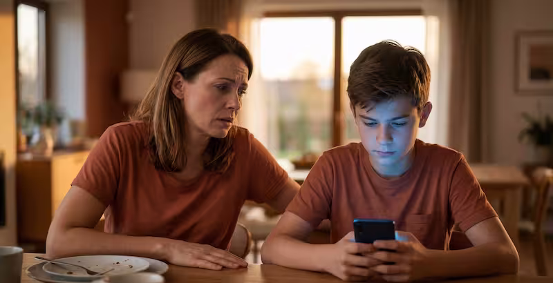 Madre frustrada intentando hablar con su hijo adolescente que ignora el entorno por estar mirando su teléfono móvil.