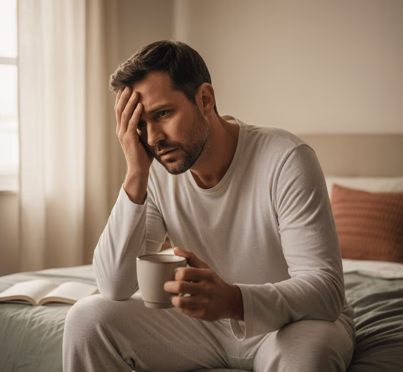 Mujer sentada en un sofá, con una expresión de ansiedad y confusión, representando la lucha interna con los pensamientos intrusivos y obsesivos.