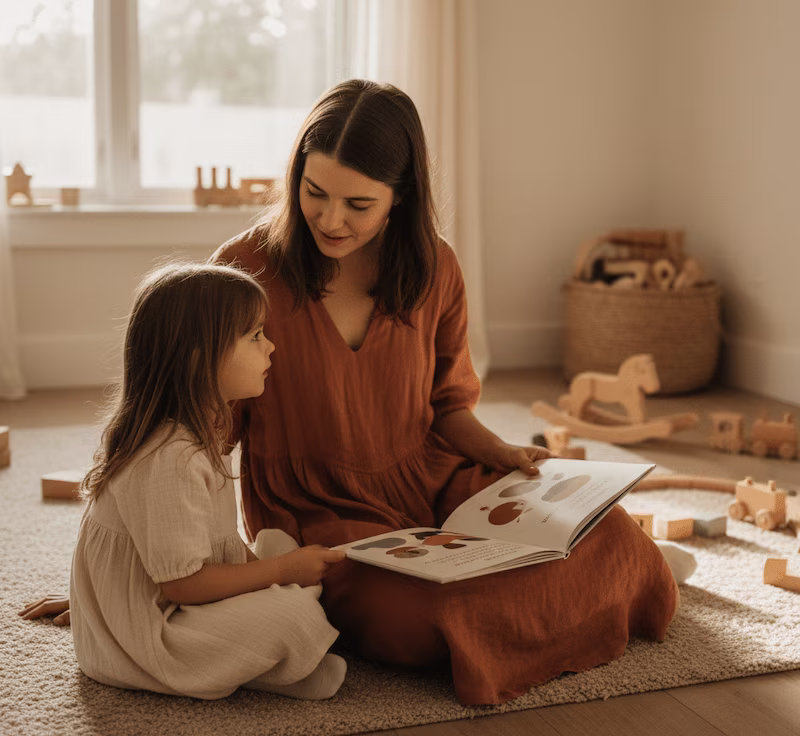 Madre hablando con su hija pequeña con cariño y cercanía, creando un ambiente de confianza y seguridad.