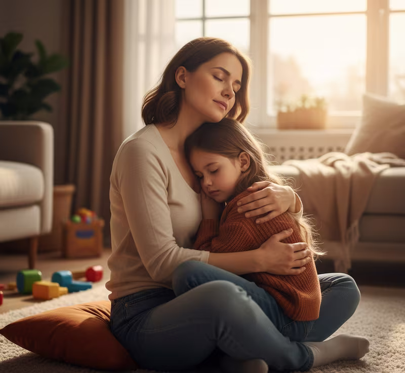 Madre abrazando a su hija, salud mental infantil.