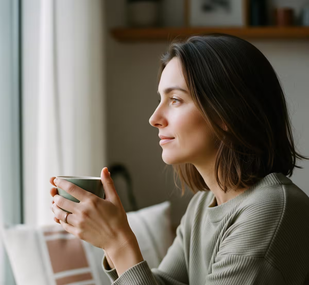 Persona mirando por la ventana con una taza, en un momento de pausa y reflexión.